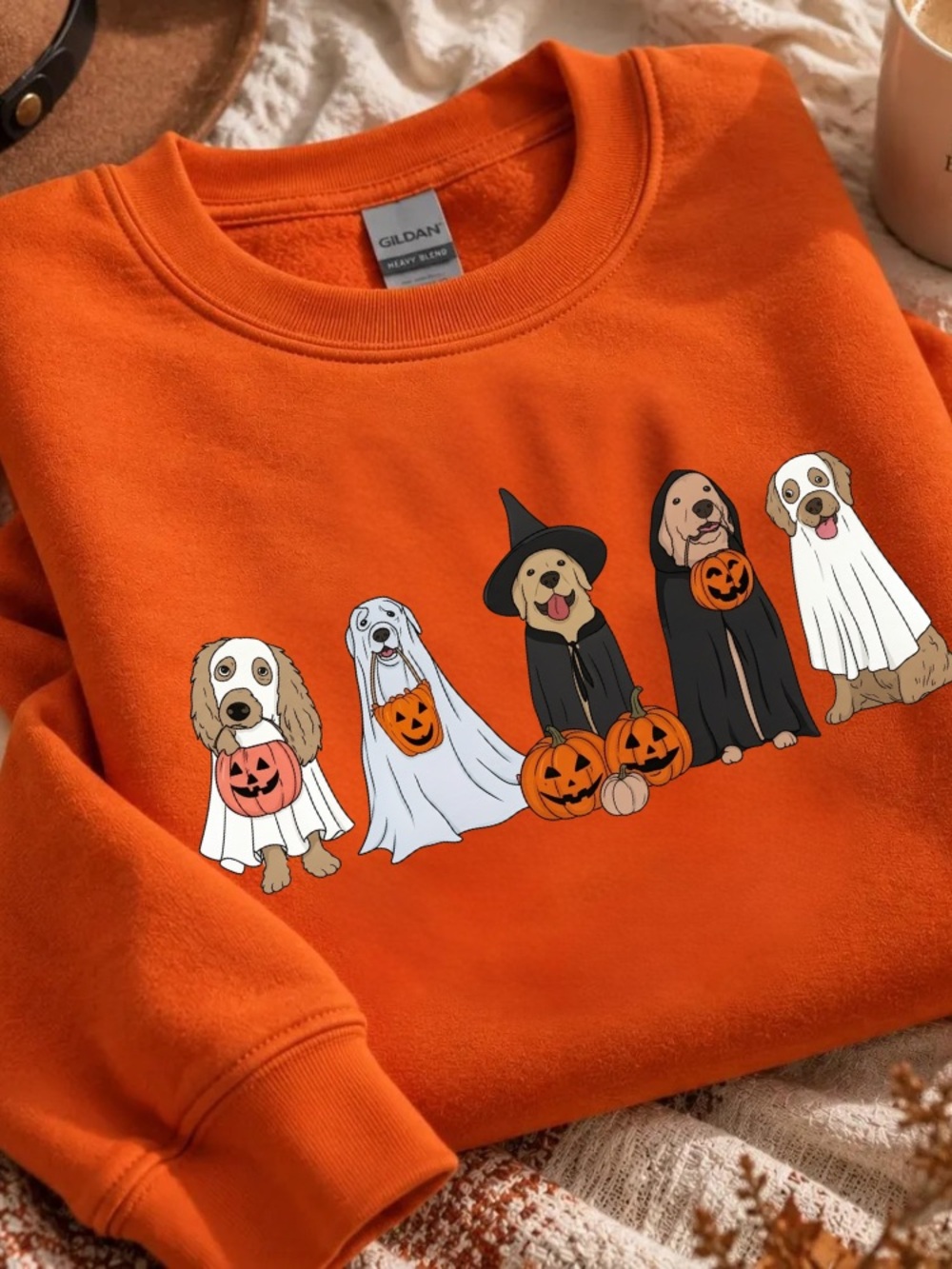 Golden Retriever Dogs Halloween Ghost Pumpkin Witch Vintage Orange Sweatshirt